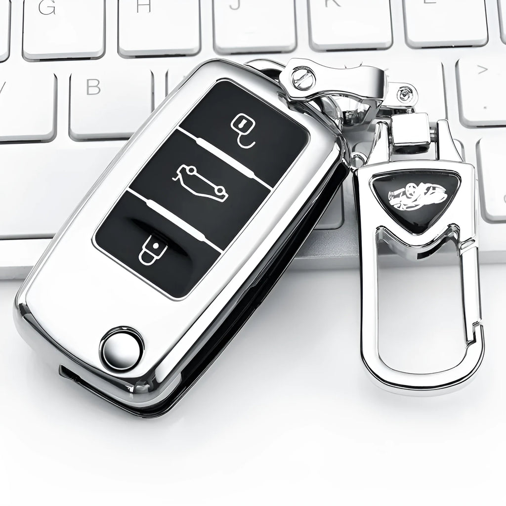 VW Model A folding car key with a blue TPU protective case fitted over the remote fob.