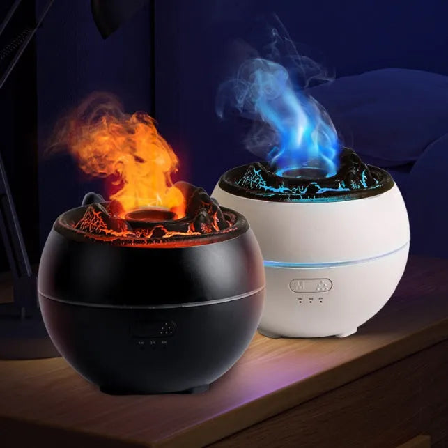 White and black ultrasonic aroma diffuser humidifier with round design and mechanical controls on a desk.