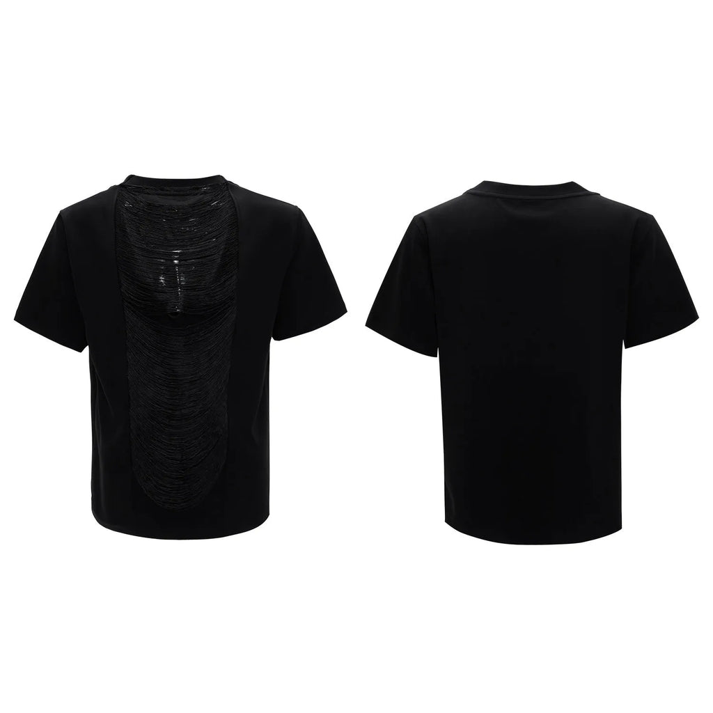 Men's black V-neck T-shirt with hollow out pattern and tassel detail