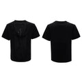 Men's black V-neck T-shirt with hollow out pattern and tassel detail