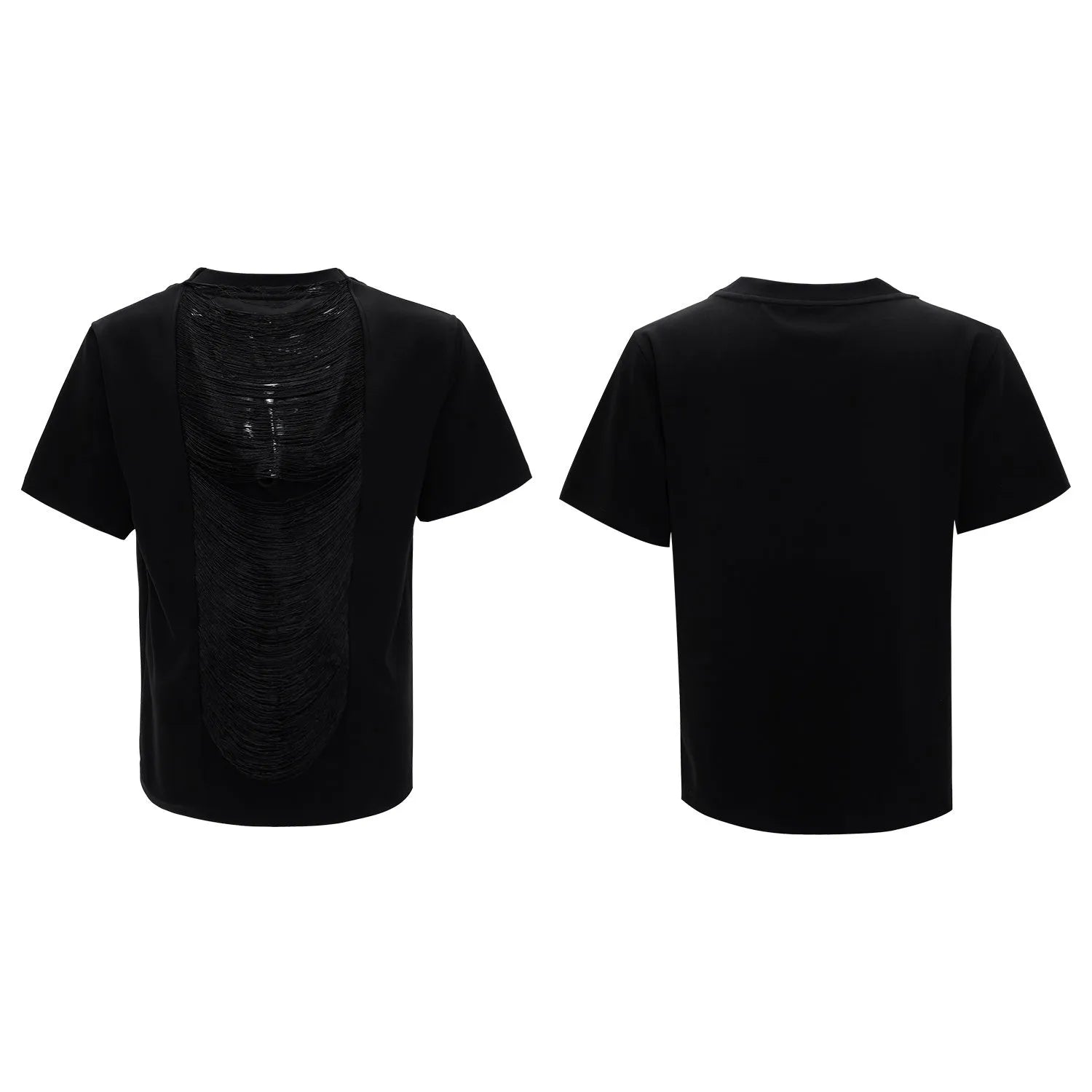 Men's black V-neck T-shirt with hollow out pattern and tassel detail
