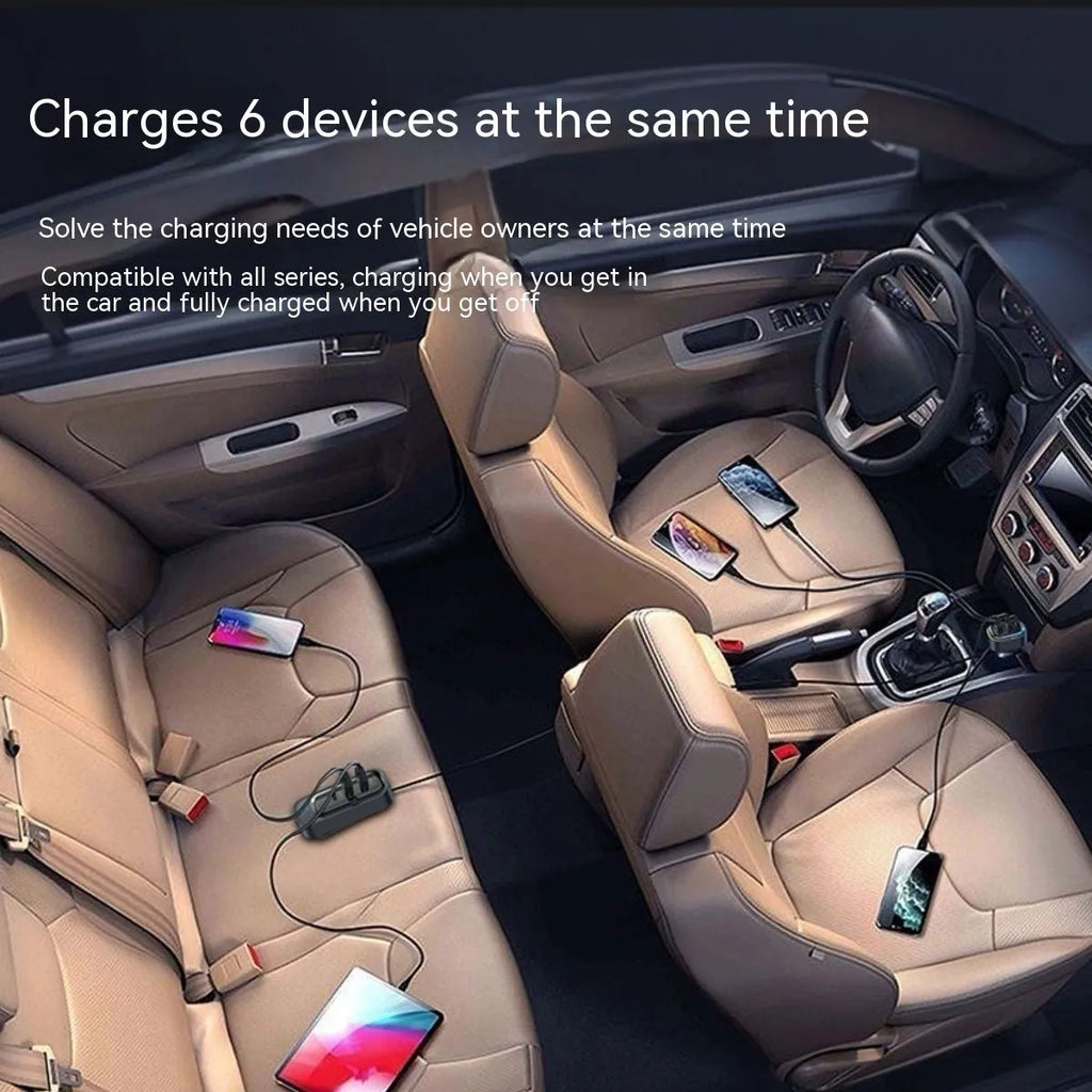 Automatic retractable cable car charger plugged into a vehicle cigarette lighter socket.