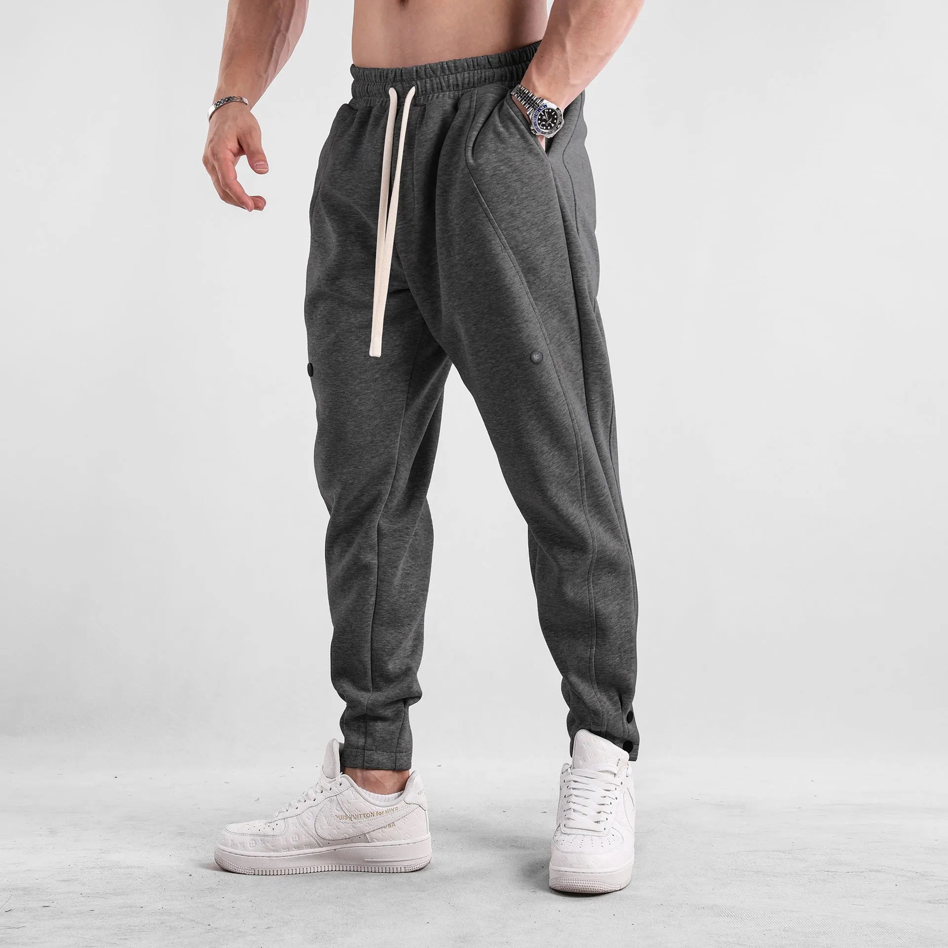 Men's loose fit casual sports trousers in cotton, mid waist, available in multiple colours