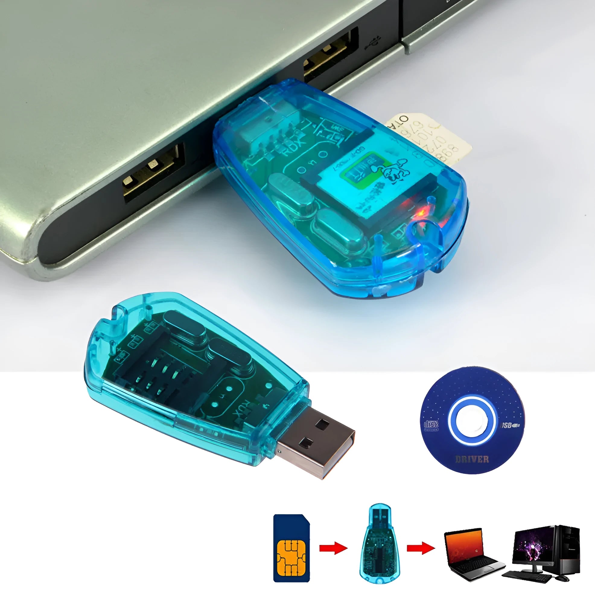 Blue USB 2.0 SIM card reader for mobile phone data transfer and backup
