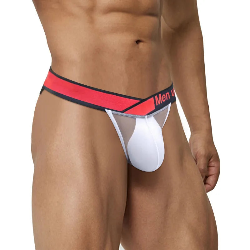 Men's transparent ice silk briefs in red, showing low waist and high-cut leg design.