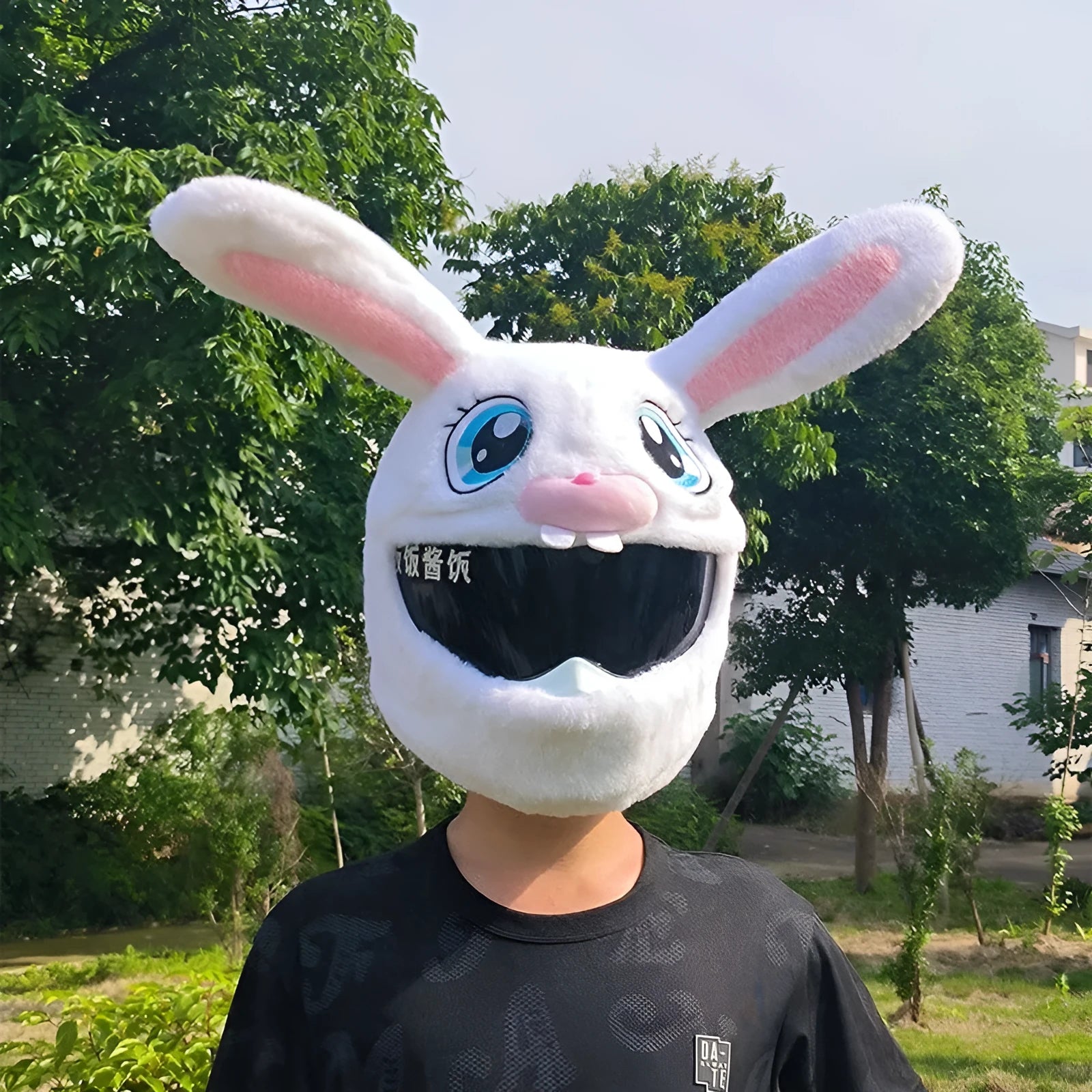 White rabbit head plush helmet cover for electric motorcycle with long ears