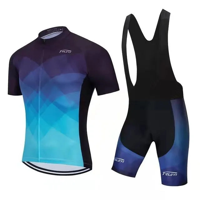 Cycling jersey and shorts set for summer road and mountain bike riding with moisture wicking properties