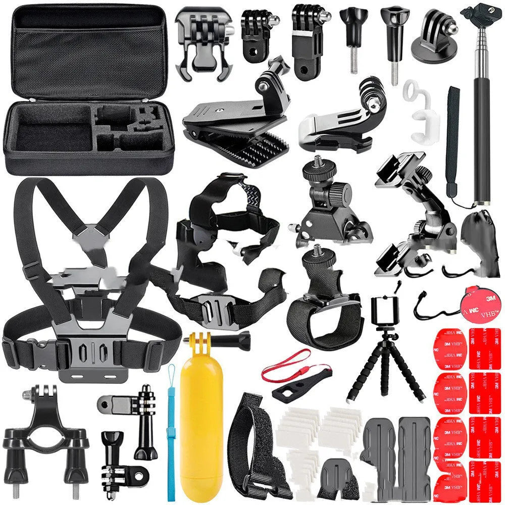 Black GoPro accessories set with chest strap and helmet mount compatible with Hero 4, 3, and 2 action cameras