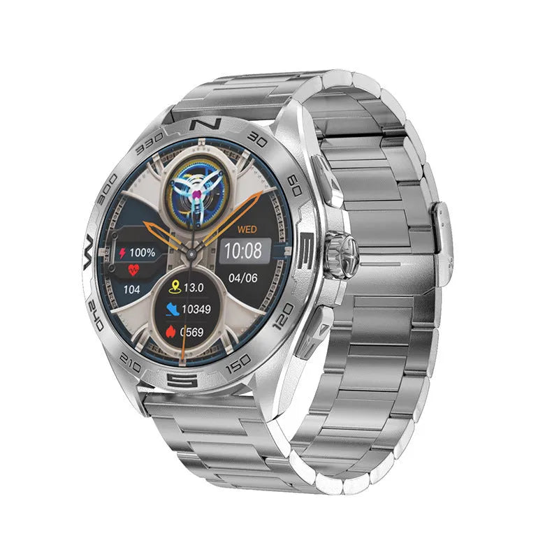 Black smartwatch with health sensors on wrist, displaying blood pressure and heart rate data on its IPS touchscreen.