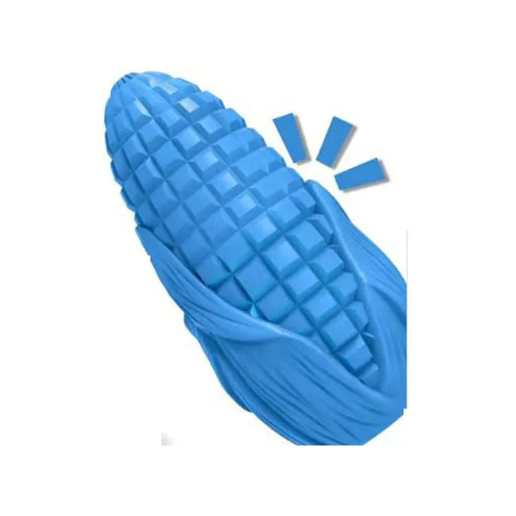 Corn stick shaped dog chew toy in blue or yellow colour with textured surface grooves