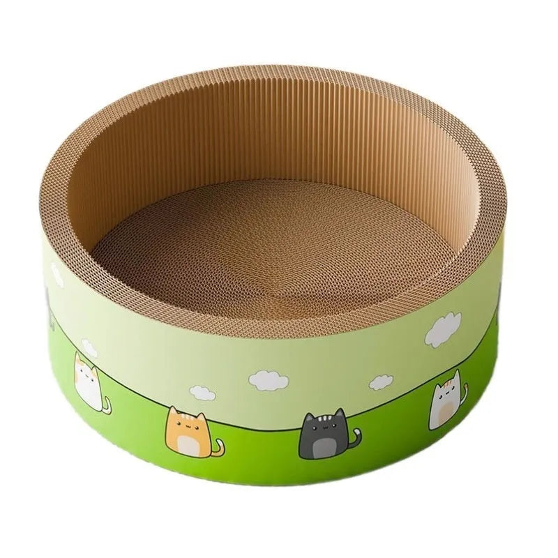 Round deep pit cat scratch board made of corrugated paper in 45cm and 50cm sizes.