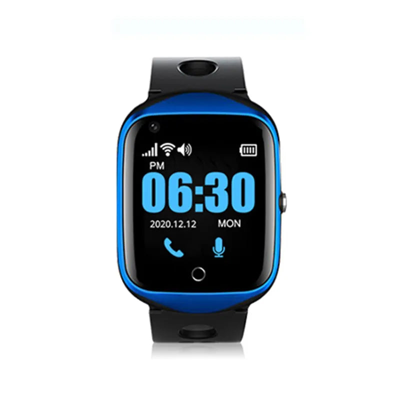 Black elderly GPS smartwatch with square colour screen and a silicone strap, showing an SOS button on the side.