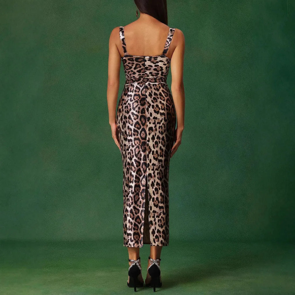 Leopard print sleeveless tube top long dress with strappy sling neckline, one-step skirt, polyester, sizes S M L