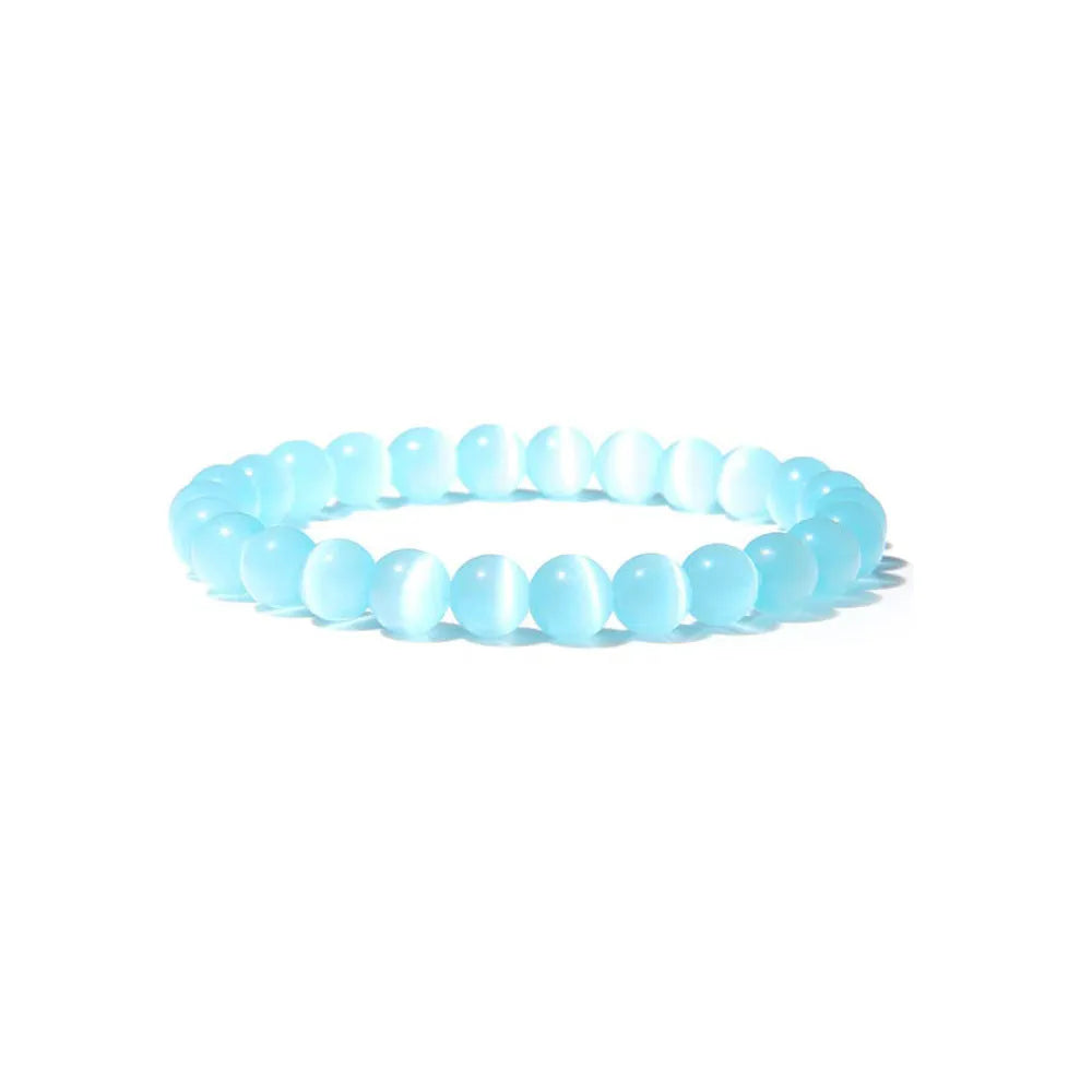Handmade 8mm natural stone bead bracelet in geometric shape on a wrist, showing agate and gemstone colour options.