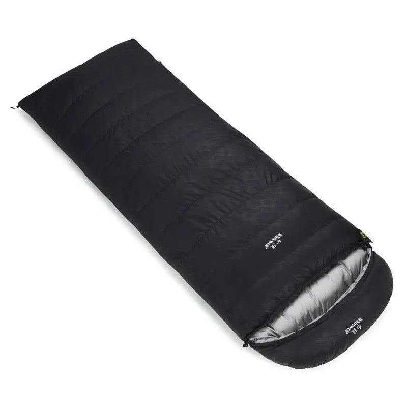Black outdoor sleeping bag with envelope design, shown with a bladeless fan accessory.