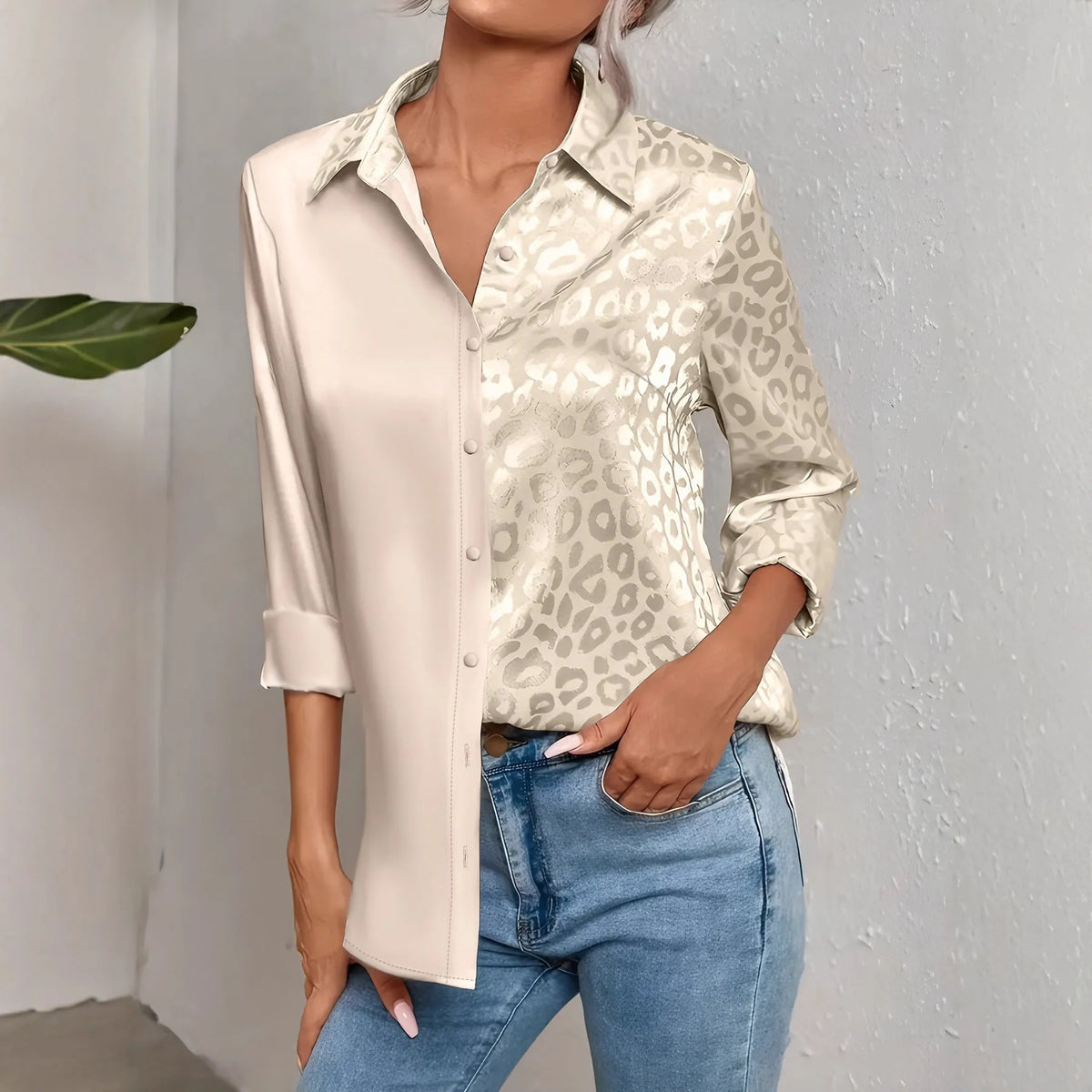 Women's leopard print long-sleeved double shirt in champagne, polyester fabric, sizes S to XL
