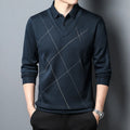 Men's long sleeve fake two pieces t-shirt in plaid pattern, regular fit, available in gray, blue, and purplish red.
