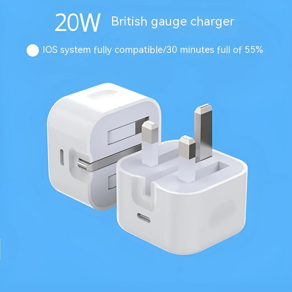White 20W UK plug phone charger with Type-C cable in various lengths