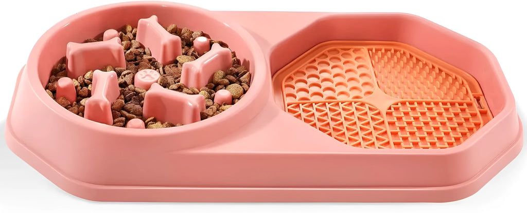 Blue interactive slow feeder dog bowl with maze pattern for dry and wet food, non-slip base.