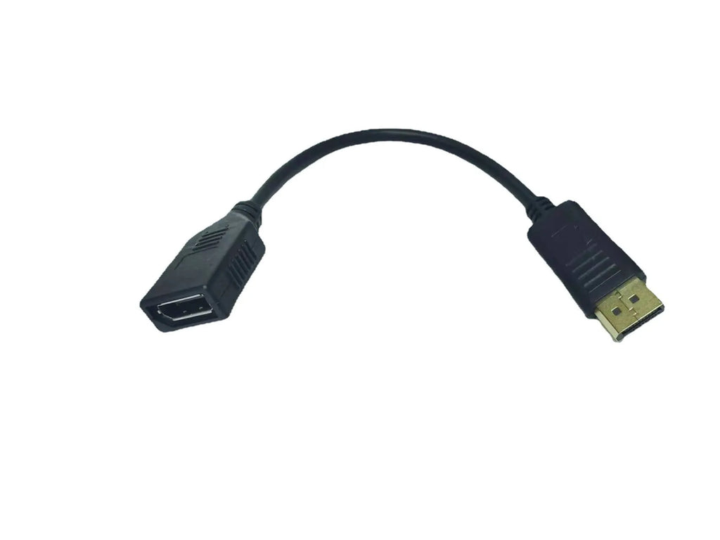 Black DisplayPort male to female extension cable approximately 10cm long with rotating connector