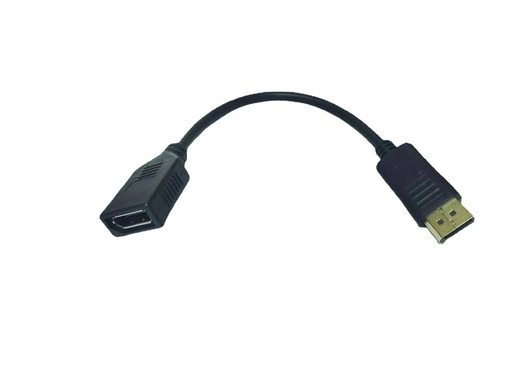Black DisplayPort male to female extension cable approximately 10cm long with rotating connector
