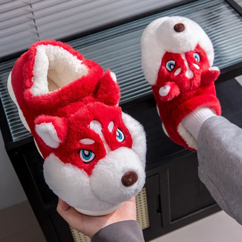 Cute Husky cartoon pure cotton slippers for men and women, warm indoor winter footwear in dark gray