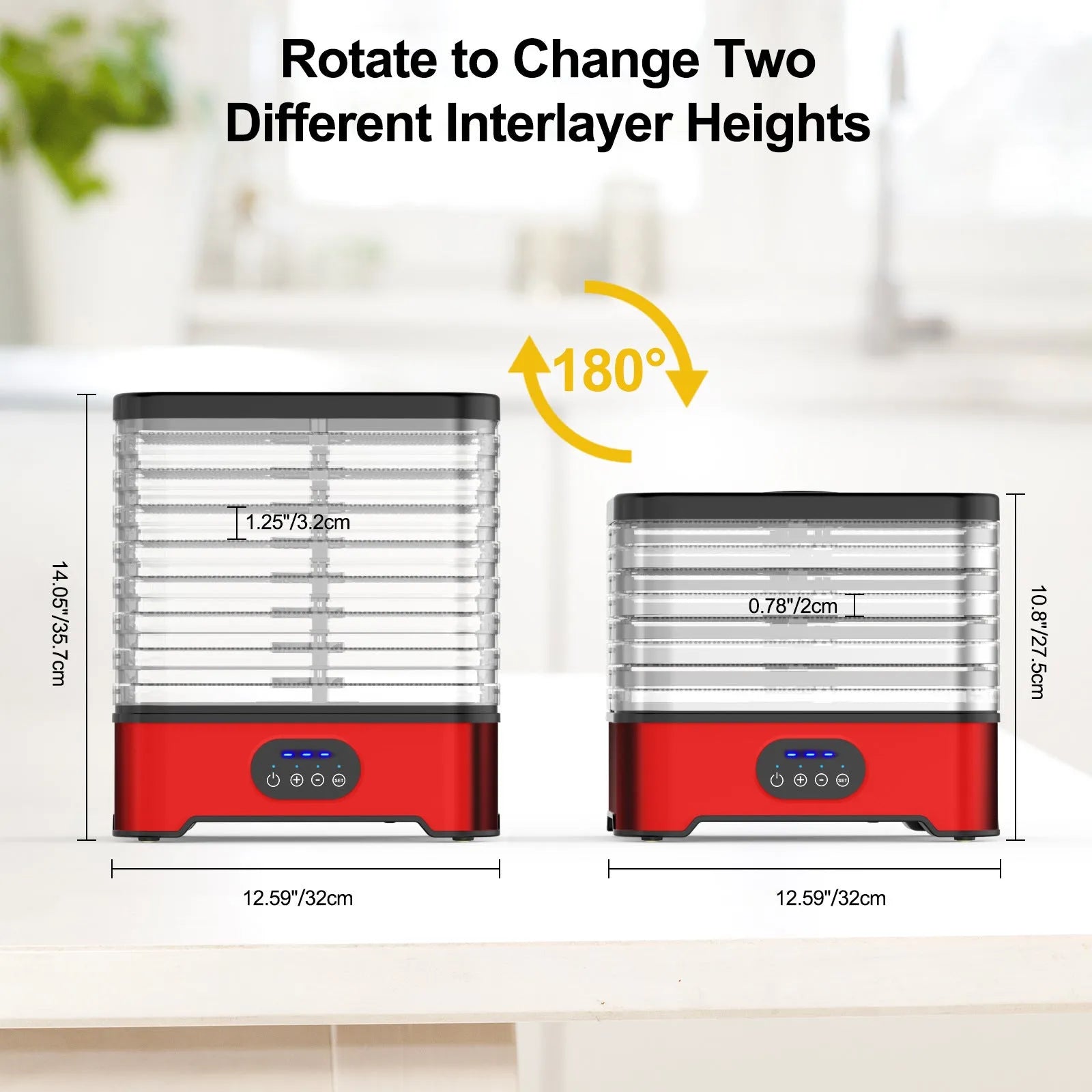Silver and red eight-layer food dehydrator with intelligent timer control and large drying capacity
