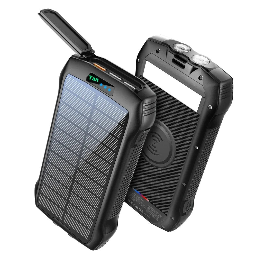 Portable solar power bank 33500mAh in all black with LED light, 178x90x30mm plastic shell