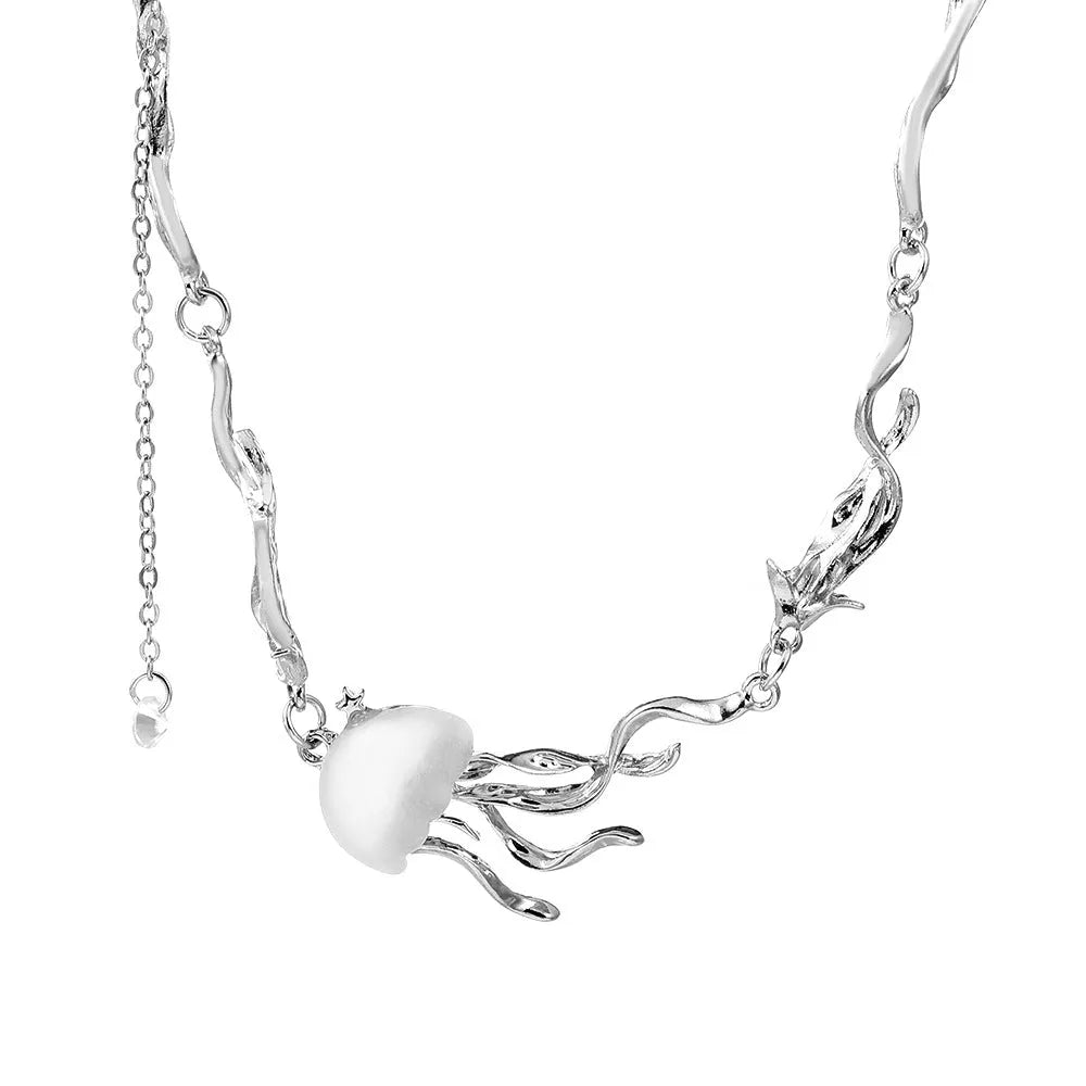 Alloy jellyfish tassel necklace for women with electroplating finish, 5 colour options, includes earrings