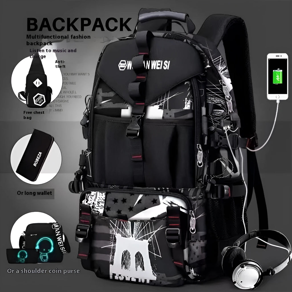 Men's black waterproof Oxford cloth hiking backpack with adjustable straps and multiple compartments.