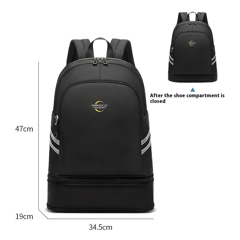 Beige unisex travel backpack with curved shoulder straps showing dry wet separation compartment.