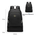 Beige unisex travel backpack with curved shoulder straps showing dry wet separation compartment.