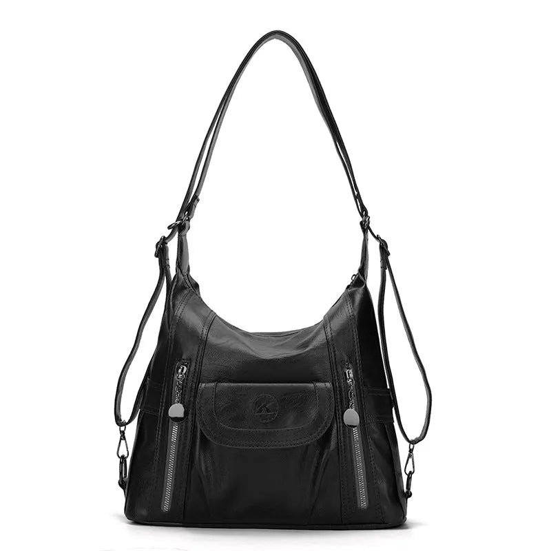 Women's multi-functional shoulder messenger bag in black PU leather with horizontal square shape and sewing line detailing