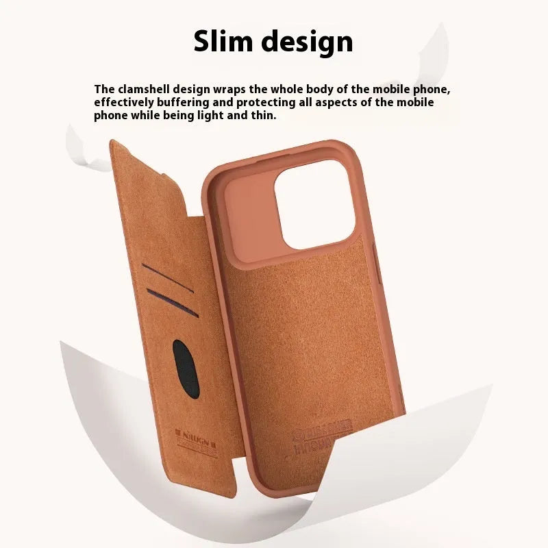iPhone 15 imitation leather flip case shown in black, brown, and red colour options.