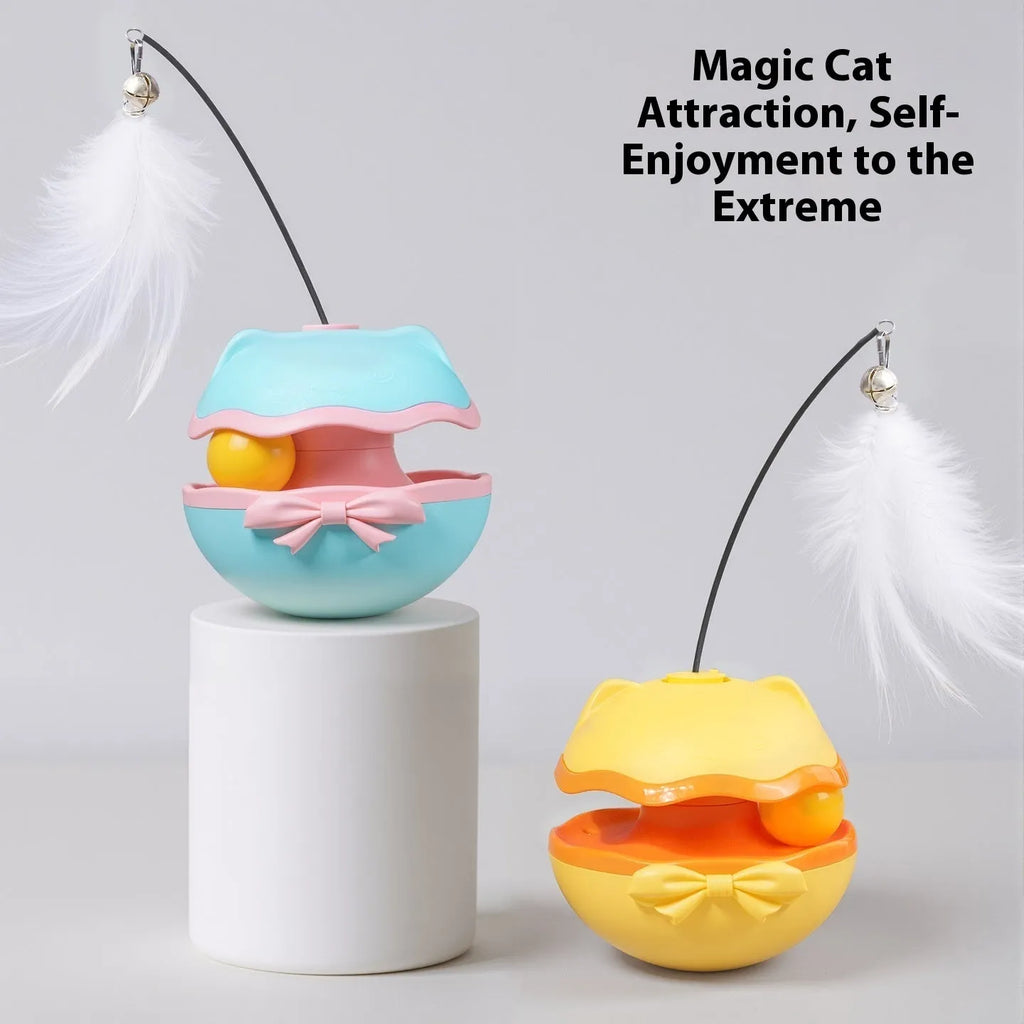 Electric cat toy with a grey tumbler base and a upright, bending wand for interactive play.