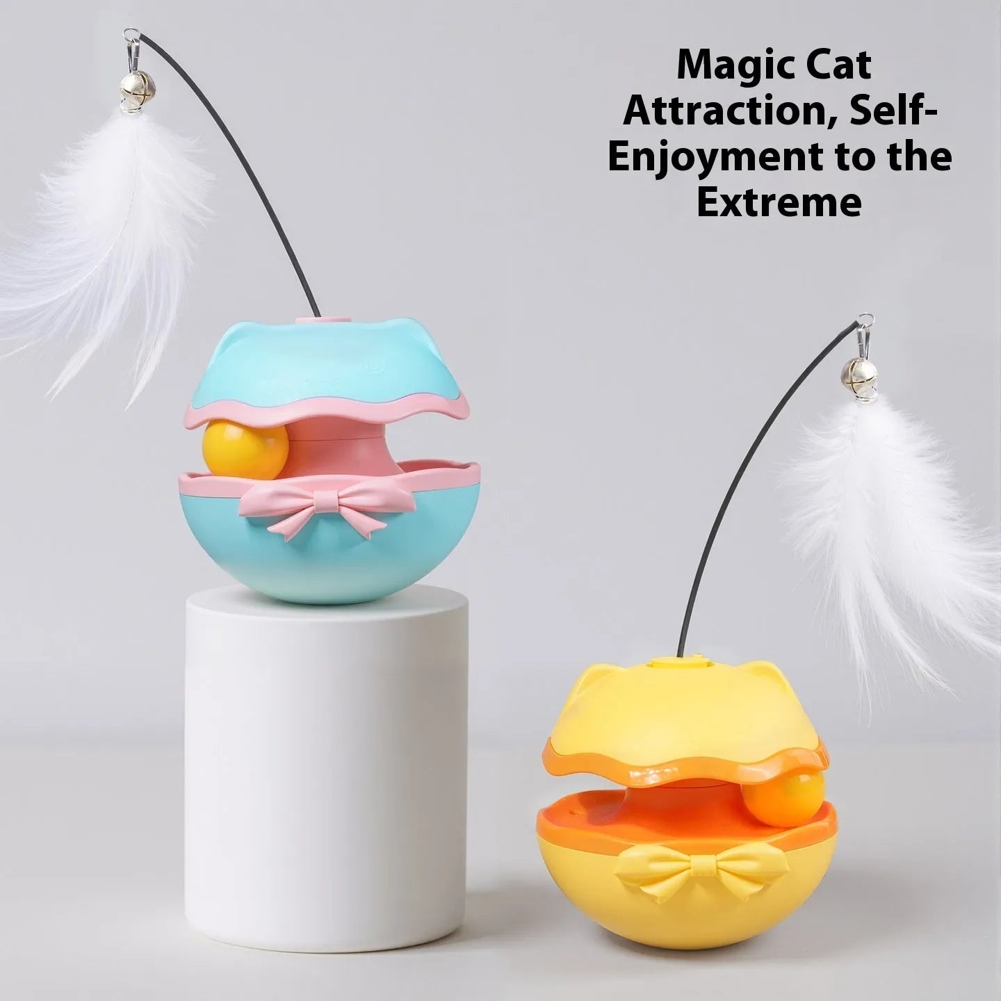 Electric cat toy with a grey tumbler base and a upright, bending wand for interactive play.