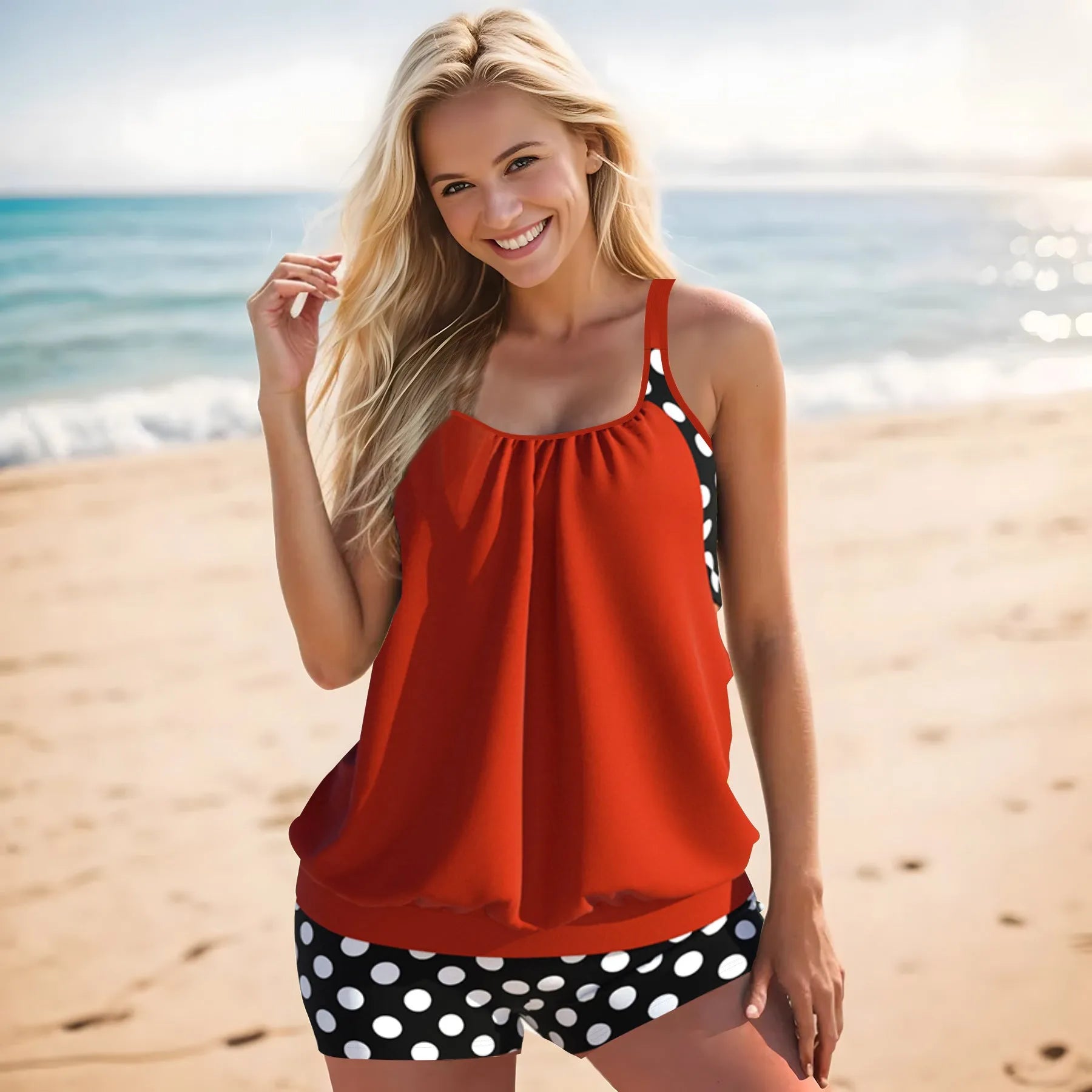 Women's black polka dot high-waist two-piece swimsuit for swimming and fitness.