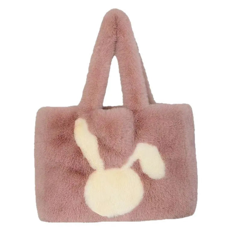 New Cute Rabbit Head One-shoulder Portable Plush Bag in white with contrast stitching and double shoulder straps
