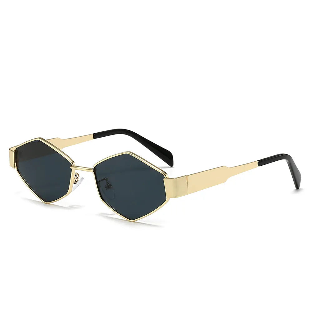 Cool polygon rhombus metal sunglasses with hexagon style, black frame and black grey lens