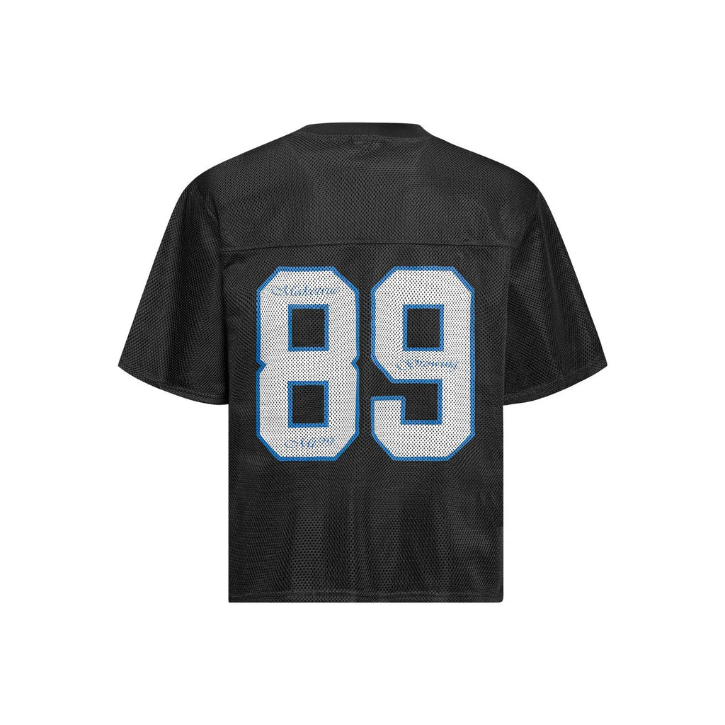 Men's black and white loose fit casual T-shirt with alphanumeric print on chest.