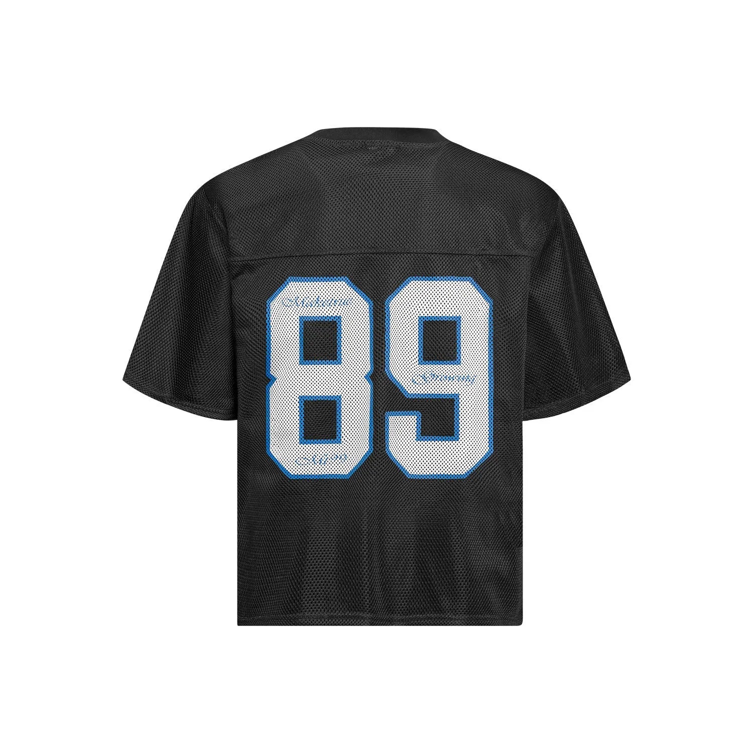 Men's black and white loose fit casual T-shirt with alphanumeric print on chest.
