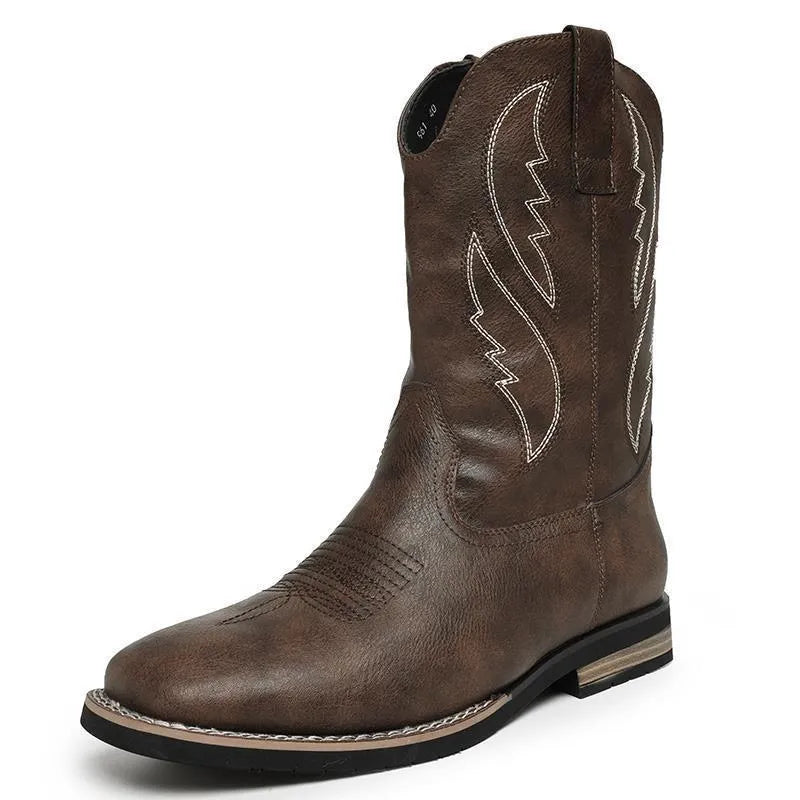 Men's retro cowboy worker boots in brown PU leather with round toe and flat rubber sole