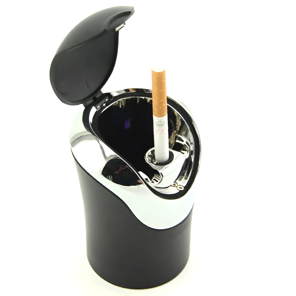 Black car ashtray with luminous ring and detachable stainless steel liner on a car seat