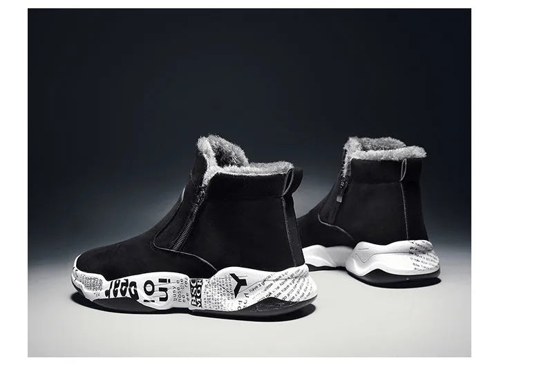 Men's high-top snow boots fleece-lined suede upper rubber sole non-slip winter sneakers black white