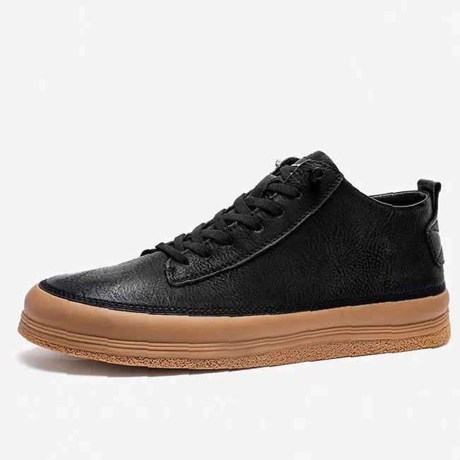 Men's black casual leather shoes with a round toe, lace-up front, and flat rubber sole.
