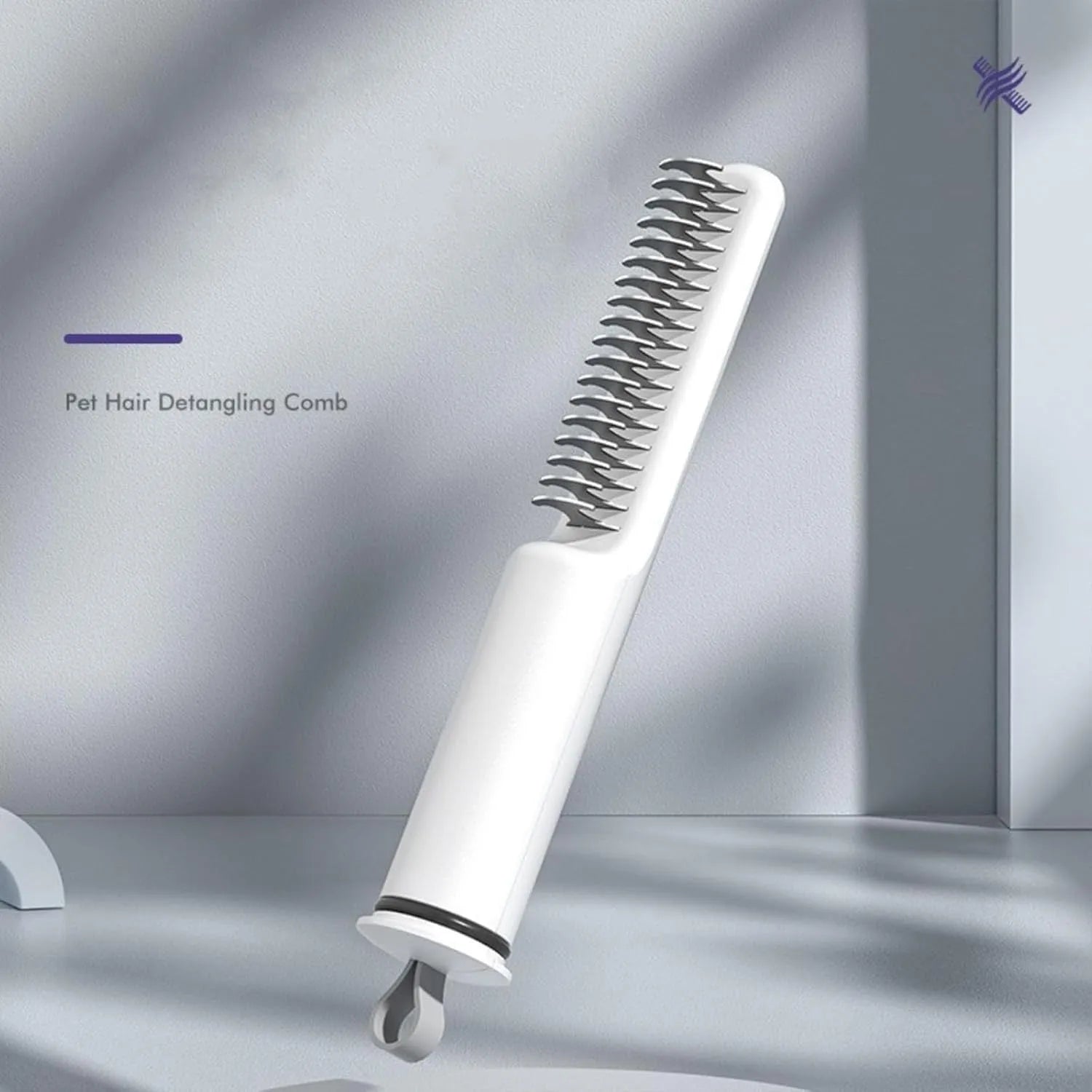 Pink and white stainless steel dog dematting comb with ergonomic handle for removing hair knots and mats.