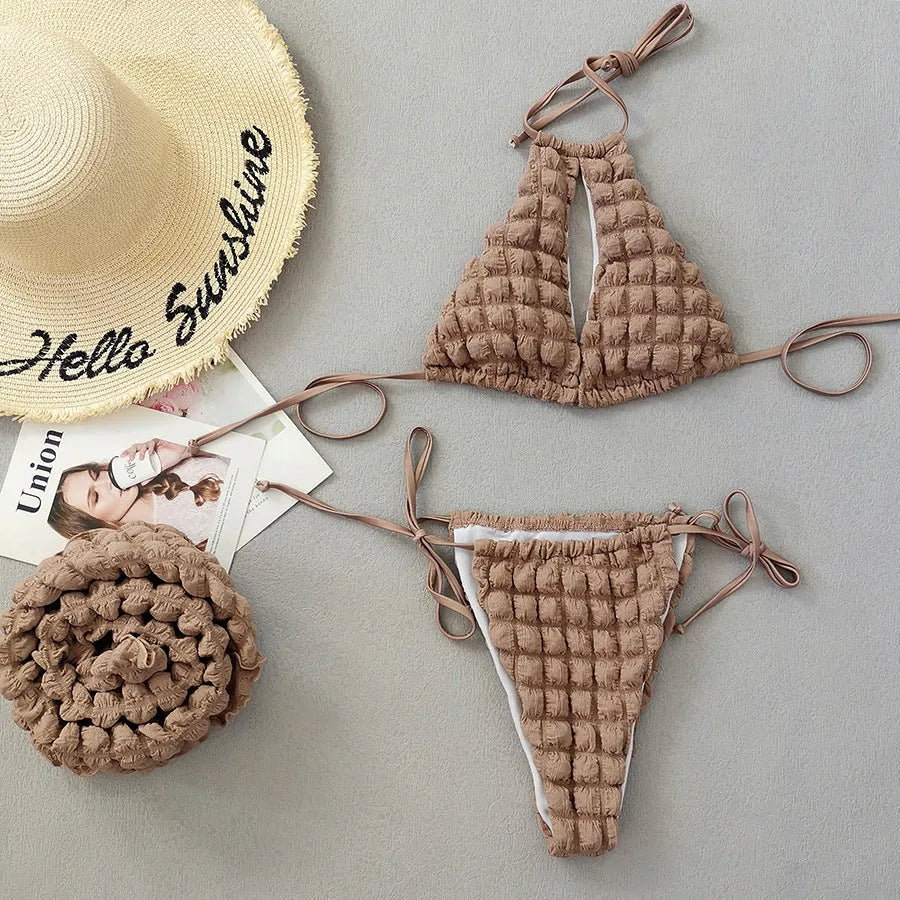 Brown seersucker lace-up three-piece women's bikini swimsuit set on a mannequin