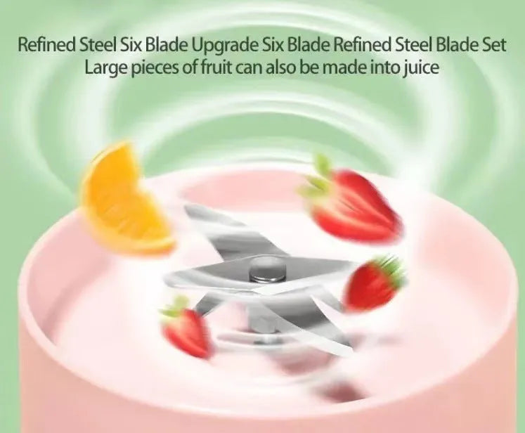 Electric USB wine bottle juicer cup with 6-leaf cutter head, PC food grade plastic liner, 400ml capacity, shown in white