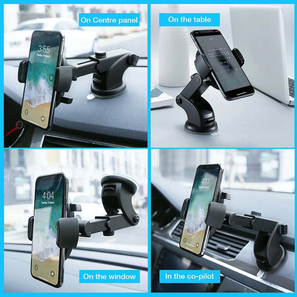 Yellow and black telescopic car phone holder with suction cup extended on a car dashboard.