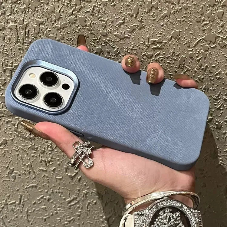 Magnetic leather hard case for iPhone with velvet interior in silver grey colour.